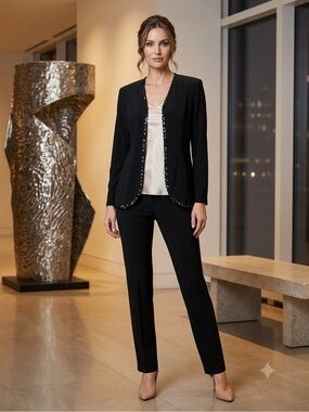 🇨🇦Vintage JOSEPH RIBKOFF Black Sequin Trim Open Front Jacket SIZE 8